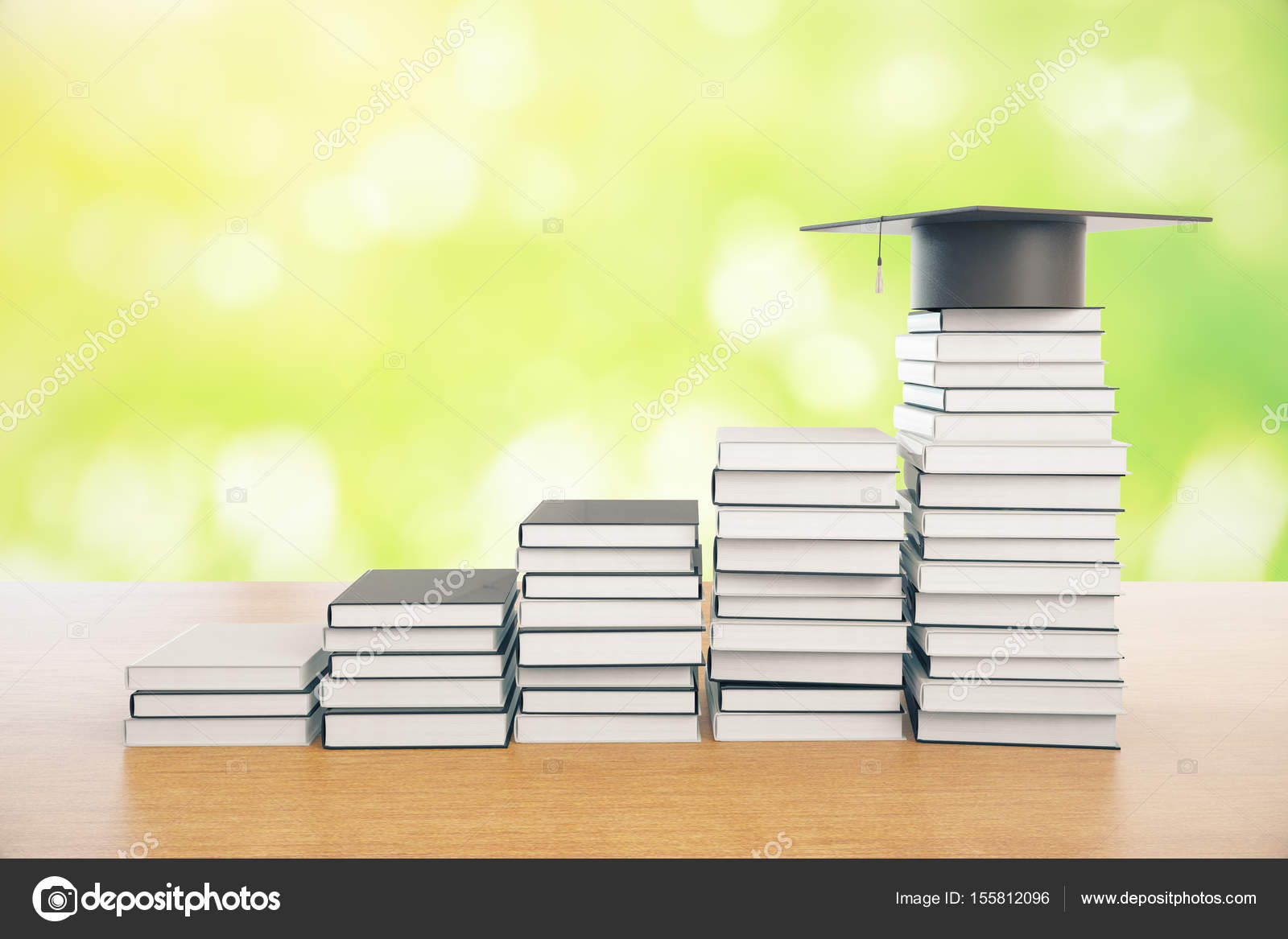 Creative Book Ladder With Graduation Cap On Top Green Background