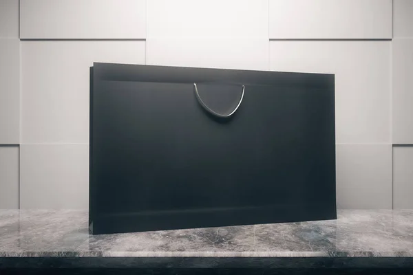 Black horizontal shopping bag on concrete background. Market concept. Mock up, 3D Rendering