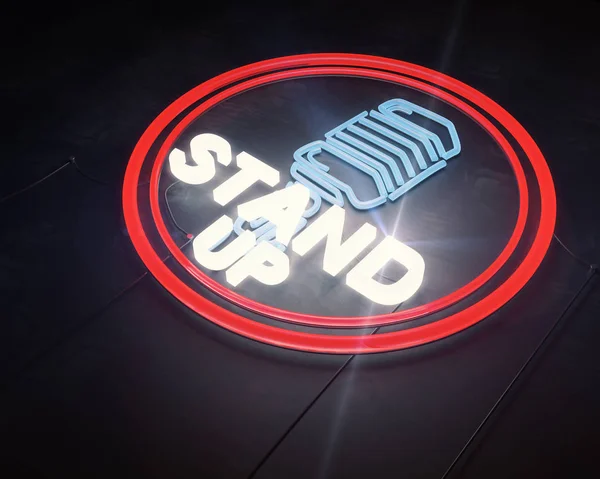 Close up de iluminado retro stand up ícone de microfone no fundo escuro. Conceito de riso . — Fotografia de Stock