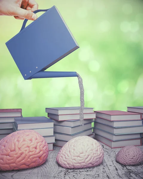 Abstrakt bild av hand närande mänskliga hjärnor med abstrakt bok/vattning kan på grön bakgrund. Universitet-konceptet. — Stockfoto