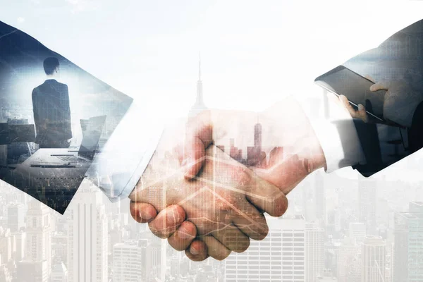 Close up of handshake on New York city background with business charts. Finance concept. Double exposure — Stock Photo, Image