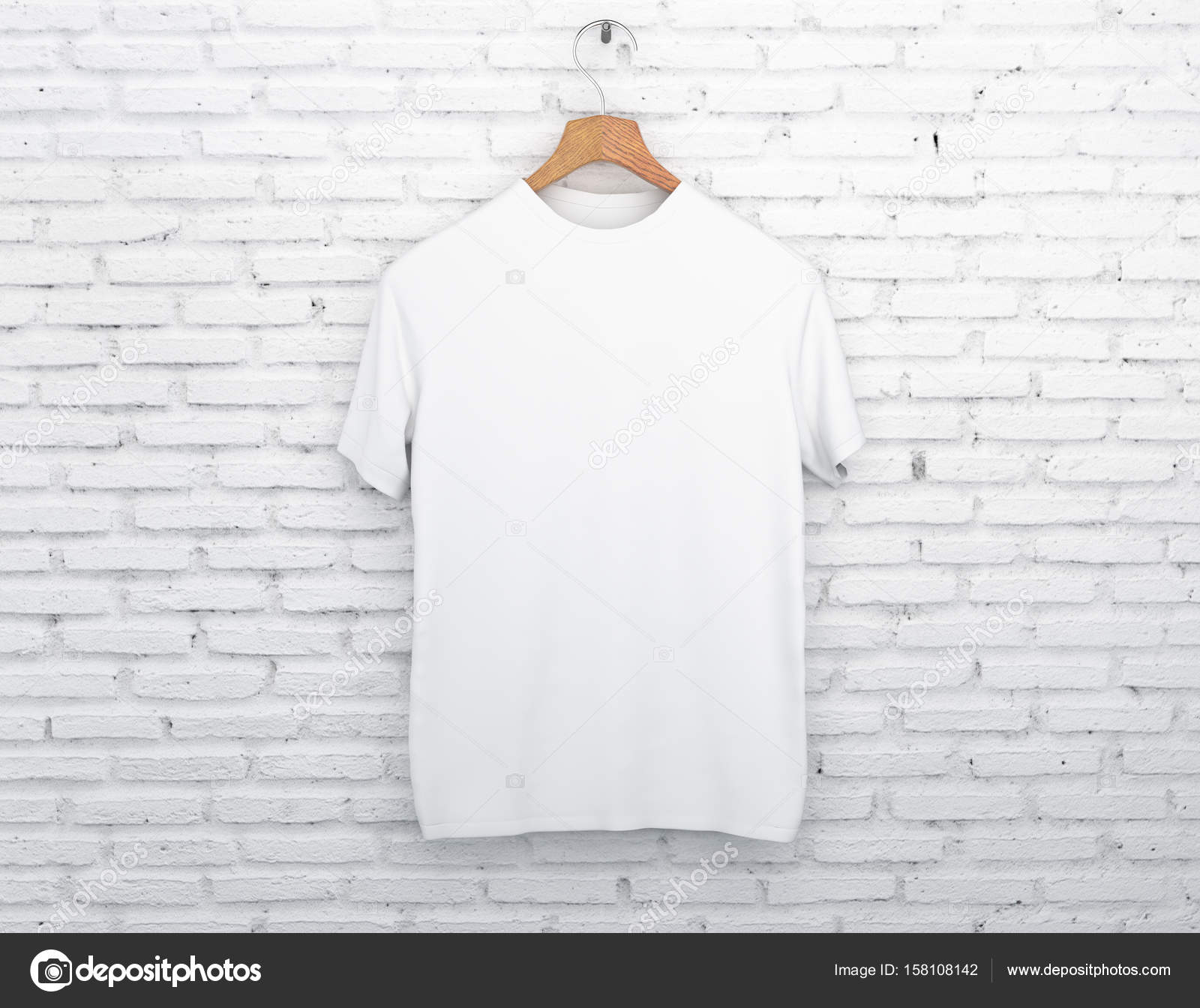 Download Wooden hanger with empty white t-shirt hanging on light concrete background. Apparel concept ...