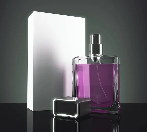 Purple perfume with packaging — Stock Photo, Image