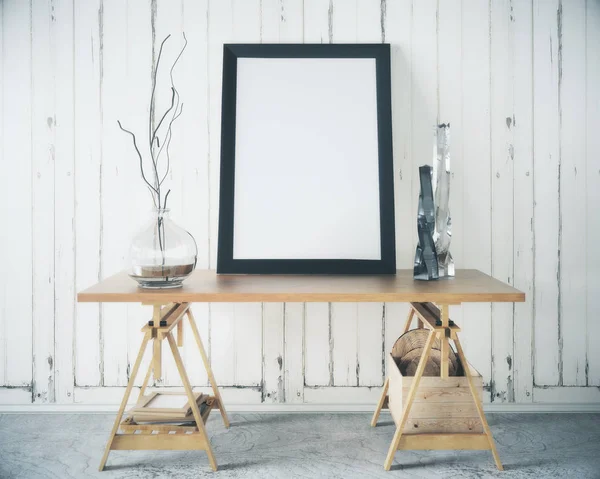 Mesa de madeira com moldura em branco — Fotografia de Stock