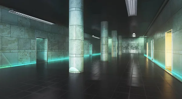Grungy konkreta korridor interiör. 3D-rendering — Stockfoto