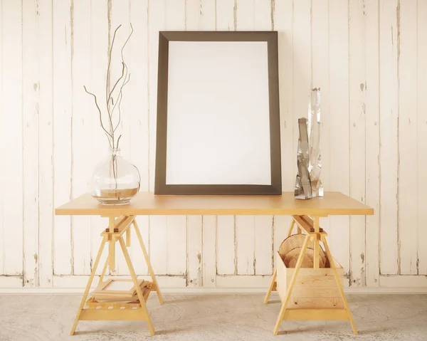 Mesa de madeira com banner em branco — Fotografia de Stock