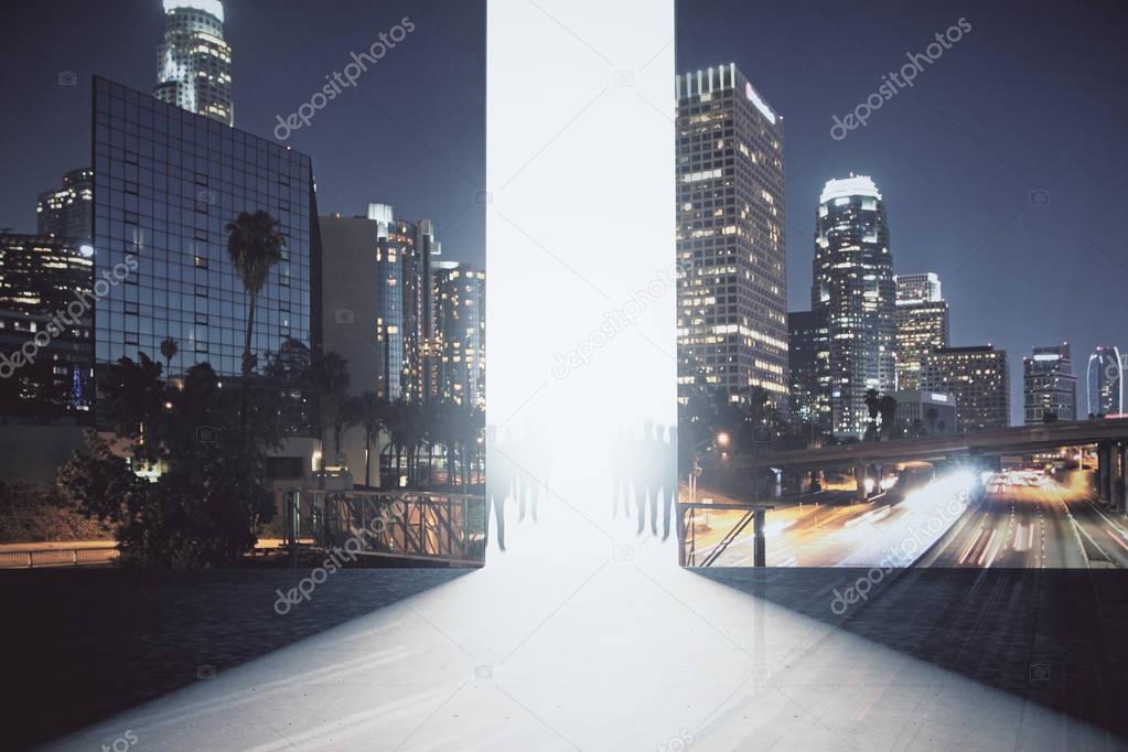 Abstract interior with bright opening, people figures and night city view. Success concept. Double exposure