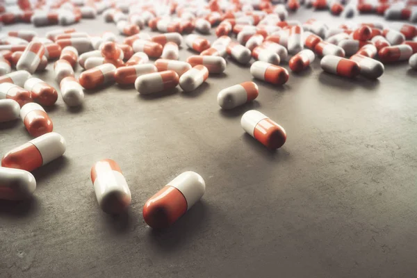 Abstrato pílulas vermelhas e brancas na superfície do concreto. Conceito de medicação. Renderização 3D — Fotografia de Stock