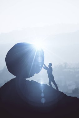 Backlit image of businessman pushing boulder uphill. Bright background with sunlight. Risk concept. 3D Rendering  clipart