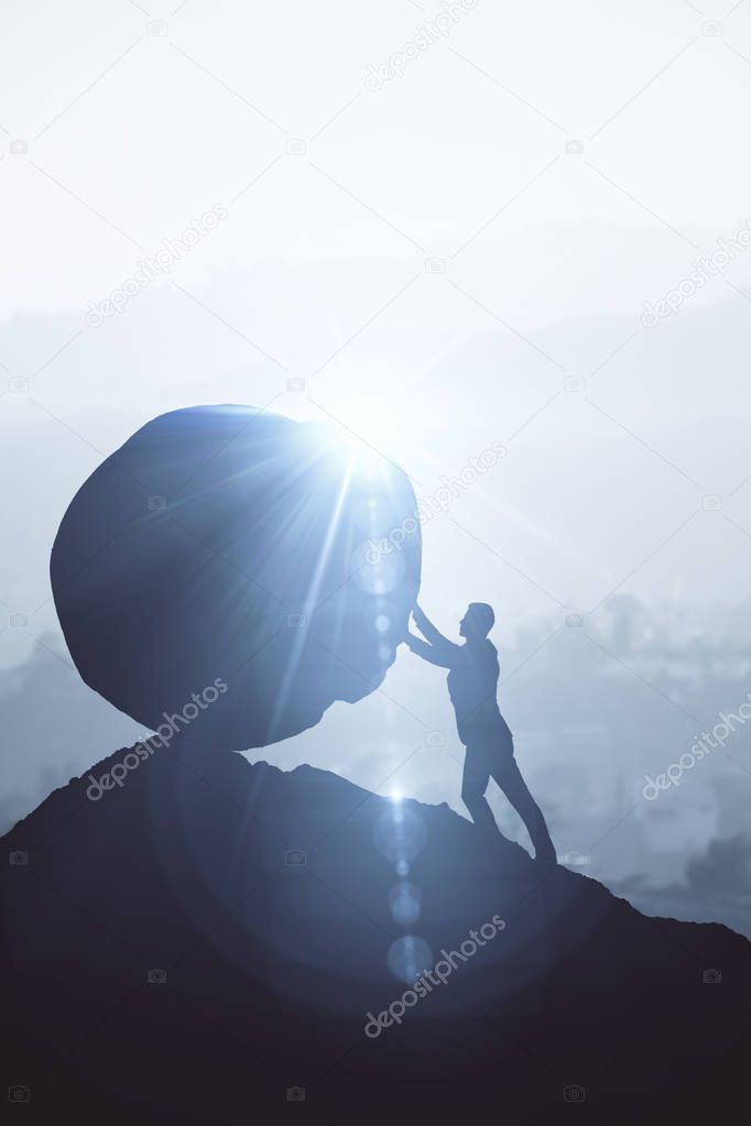 Backlit image of businessman pushing boulder uphill. Bright background with sunlight. Risk concept. 3D Rendering 