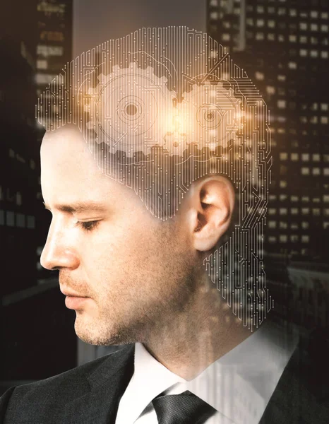 Businessman with abstract mesh head and cogwheels on night city background. Think concept. Double exposure