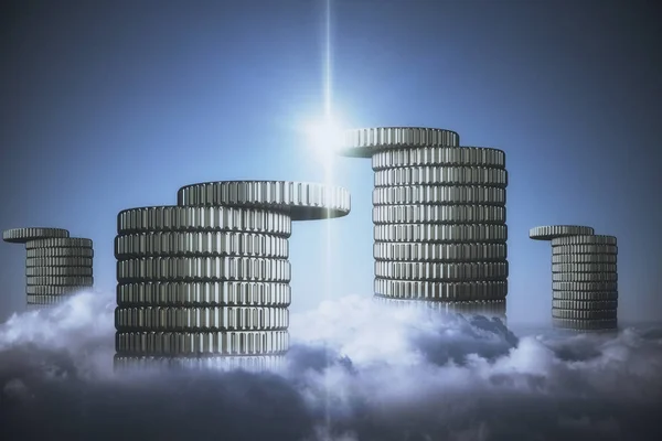 Abstraktní mince hromadu skycrapers obloze slunce a mraky. Rich koncept. 3D vykreslování — Stock fotografie