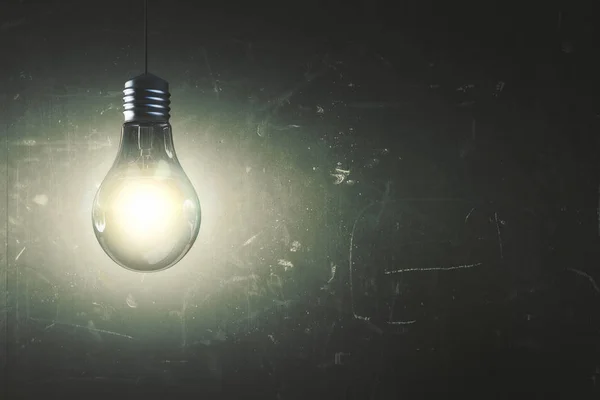 Glowing light bulb on aged concrete wall background with copy space. Achievement concept. 3D Rendering — Stock Photo, Image