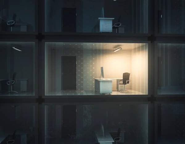 Abstract kleine verlichte container kantoor 's nachts. Concept van de baan. 3D-rendering — Stockfoto