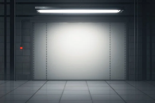 Гранж плитки интерьер с подсветкой закрытой гаражной двери. Мокировка, 3D-рендеринг — стоковое фото
