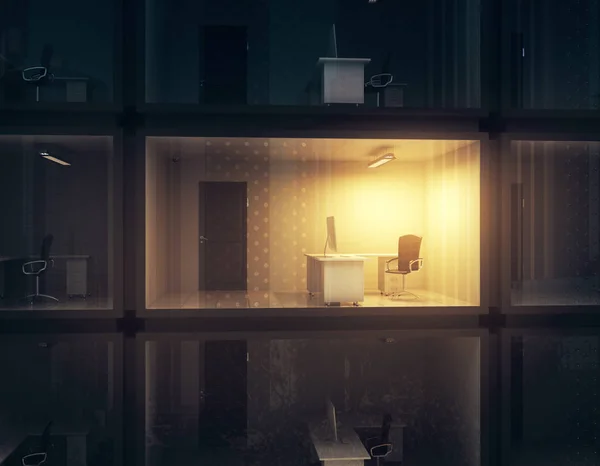 Abstract kleine verlichte container kantoor 's nachts. Werk concept. 3D-rendering — Stockfoto