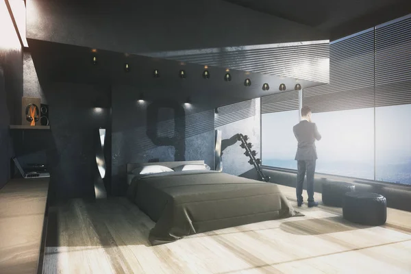 Zakenman kijkt uit raam in mannelijke slaapkamer interieur met panoramisch uitzicht. Doordachte concept. 3D-rendering — Stockfoto