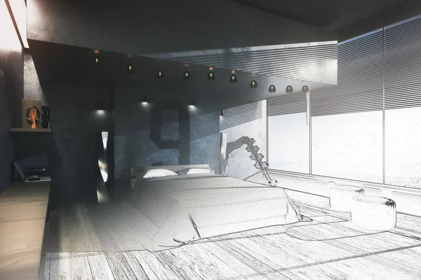 Onvoltooide slaapkamer interieur blauwdruk. Engineering-concept. 3D-rendering — Stockfoto