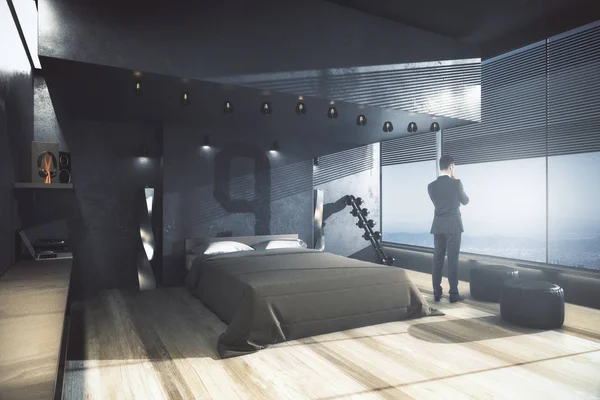 Homme d'affaires regardant par la fenêtre dans l'intérieur de la chambre à coucher masculine avec vue panoramique. Concept de style de vie. Rendu 3D — Photo