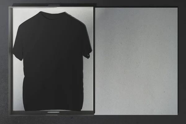 Nettoyez le t-shirt, le tee-shirt, la chemise vierges placés dans une boîte ouverte avec espace de copie. Concept vestimentaire. Maquette, rendu 3D — Photo