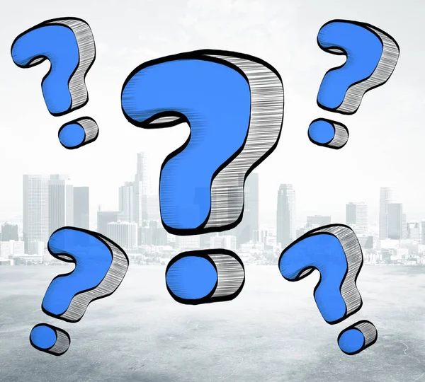 Drawn blue question marks on city background. Ask concept — Stock Photo, Image