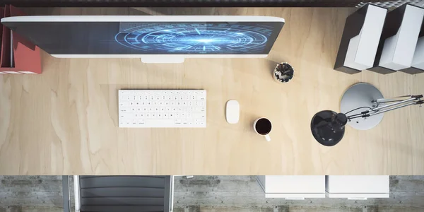 Vedere de sus a locului de muncă hipster cu buton digital pe ecranul computerului. Conceptul viitor. Redare 3D — Fotografie, imagine de stoc