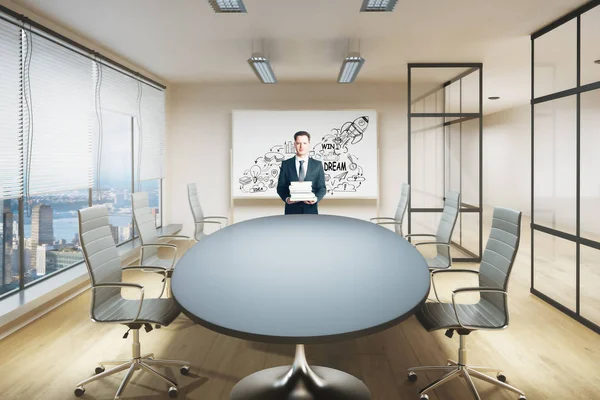 Young businessman in modern meeting room with business sketch on whiteboard and city view. Startup concept. 3D Rendering
