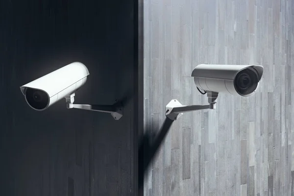 Cámaras de CCTV en el exterior del edificio de baldosas con espacio para copias. Concepto de protección —  Fotos de Stock