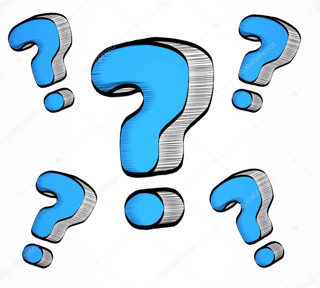 Drawn blue question marks on white background