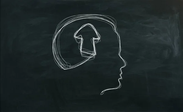 Male head outline with arrow on chalkboard background. Growth concept