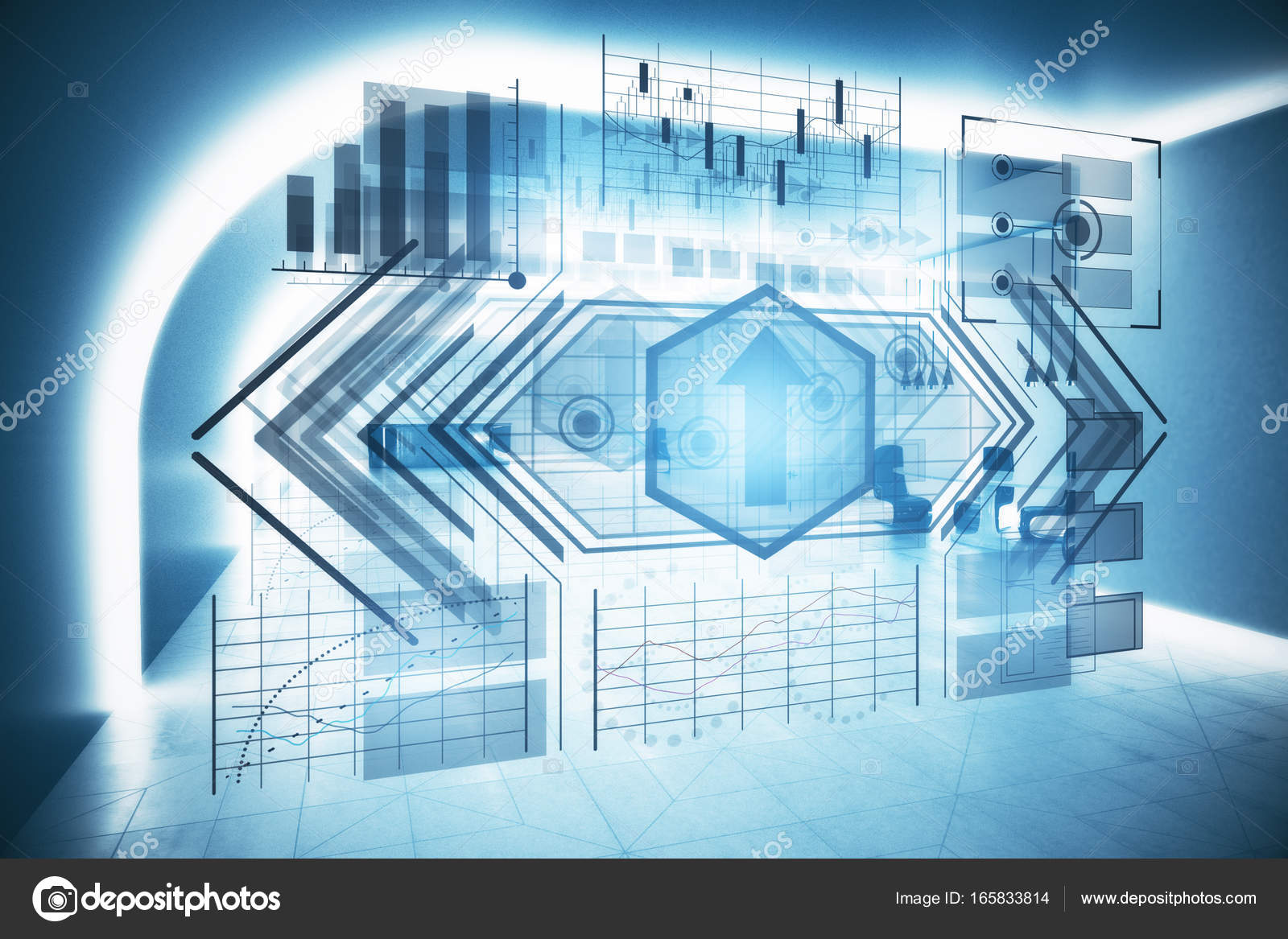 Creative business hologram in modern office interior. Technology ... Creative business hologram in modern office interior. Technology ...