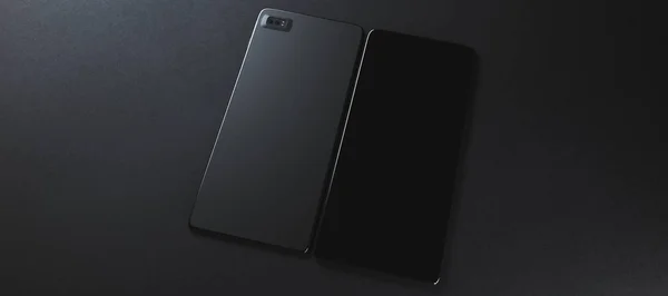 Twee lege voor- en achterkant telefoons met camera op zwarte achtergrond. Model, ontwerpconcept. Kopieer ruimte. 3D-rendering — Stockfoto