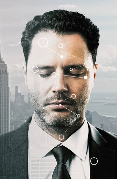 Close up portrait of handsome young businessman with abstract techno pattern on face. Network concept — Stock Photo, Image