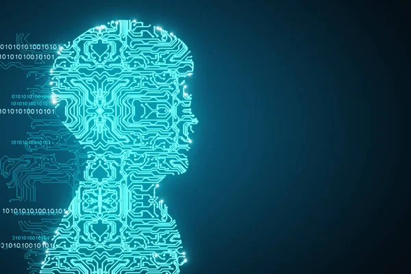 Retrato masculino do circuito abstrato no fundo azul com copyspace e código binário. Conceito de inovação. Renderização 3D — Fotografia de Stock