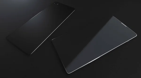 Zwei leere Smartphones vorne und hinten mit Kamera auf schwarzem Hintergrund. Modell, Gestaltungskonzept. Kopierraum. 3D-Darstellung — Stockfoto