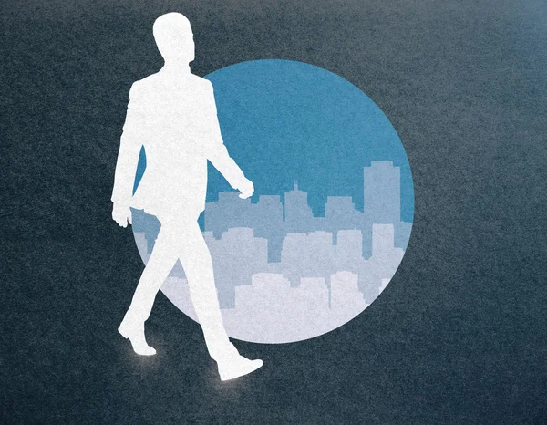 Image abstraite de silhouette de l'homme marchant à côté de bannière ronde avec la ville et le soleil. Concept de réussite — Photo
