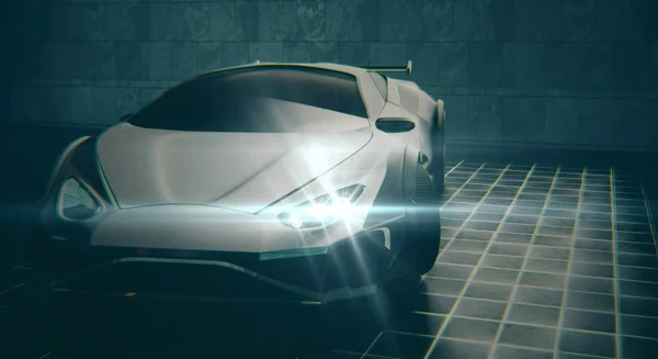 Современный спортивный автомобиль с светящимися фарами внутри гранж-гаража. Концепция двигателя. 3D рендеринг — стоковое фото