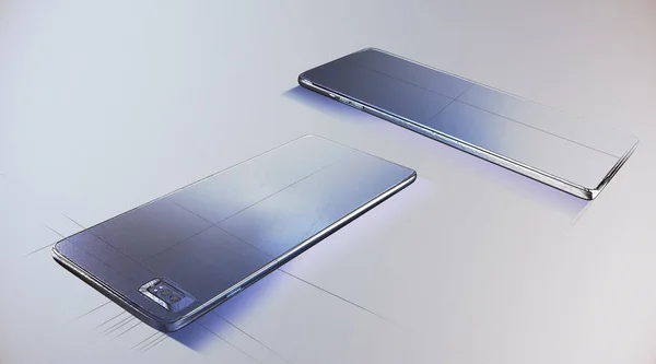 Schizzo di due smartphone anteriori e posteriori vuoti con fotocamera su sfondo bianco. Modello, concetto di design. Rendering 3D — Foto Stock