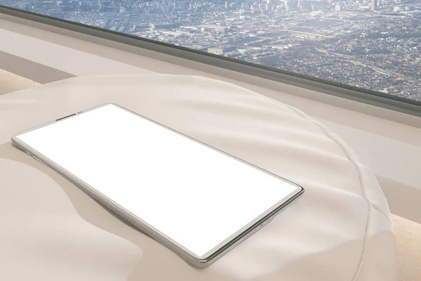 Cellphone rezygnować pusty biały wyświetlacz umieszczony na wyściełany stołek w pokoju z widokiem na miasto. Koncepcja reklamy. Makieta, renderowania 3d — Zdjęcie stockowe