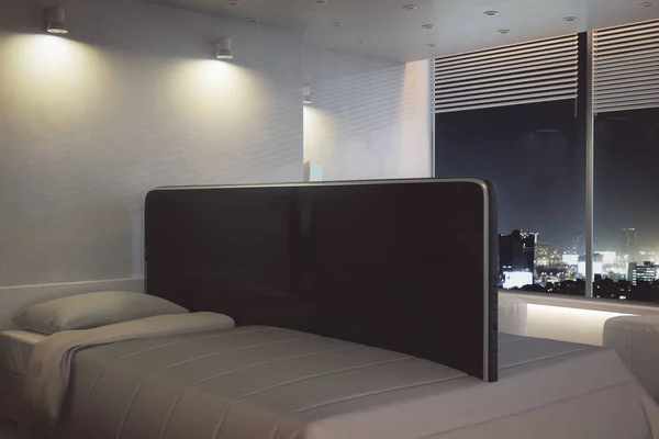 Modernes Schlafzimmerinterieur mit abstrakten riesigen Tabletten, die aus dem Bett herausragen, Loft-Design und Nachtsicht auf die Stadt. Technologiekonzept. 3D-Darstellung — Stockfoto