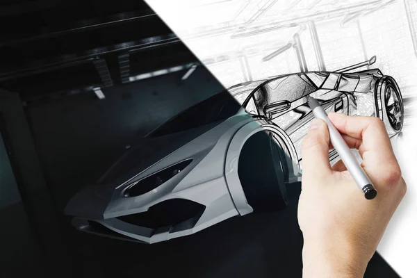 Hand drawing unfinished car design in grunge garage. Technology concept. 3D Rendering