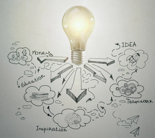 Lámpara brillante en el fondo de la pared de pizarra con boceto de negocios. Concepto de innovación . — Foto de Stock