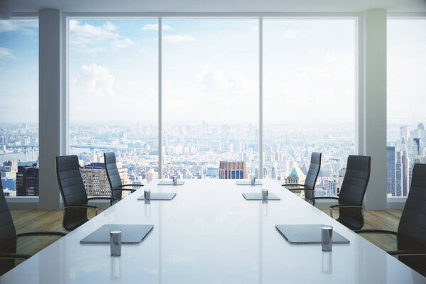 Side view of modern conference room interior with equipment and panoramic city view. 3D Rendering