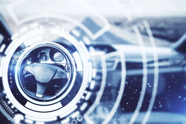 Intérieur de voiture abstrait avec hologramme numérique autour de la roue. Concept technologique. Rendu 3D — Photo