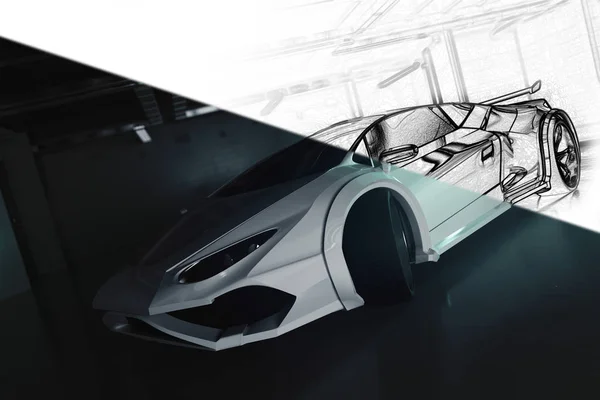Onvoltooide auto-ontwerpen in de garage van de grunge. Engineering-concept. 3D-rendering — Stockfoto