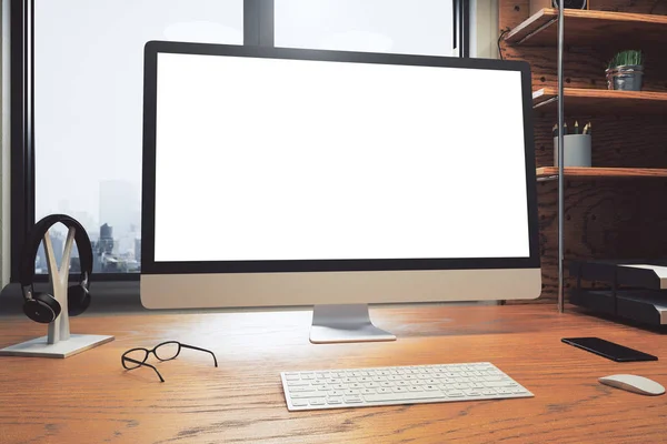 Creative desk with blank white computer — Stock Photo, Image