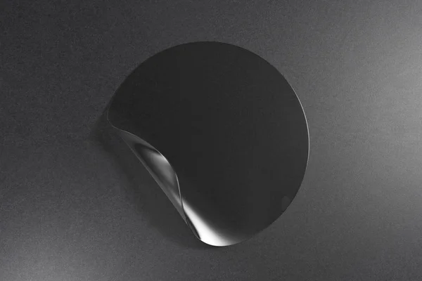 Black round sticker with curled peel off corner on dark background. Sign concept. Mock up, 3D Rendering