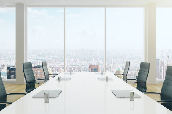 Side view of modern meeting room interior with equipment and panoramic city view. 3D Rendering