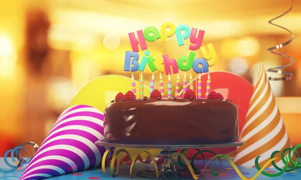 Вкусный праздничный торт со свечами, шляпами и воздушными шарами на размытом фоне. Концепция глазури. 3D рендеринг — стоковое фото