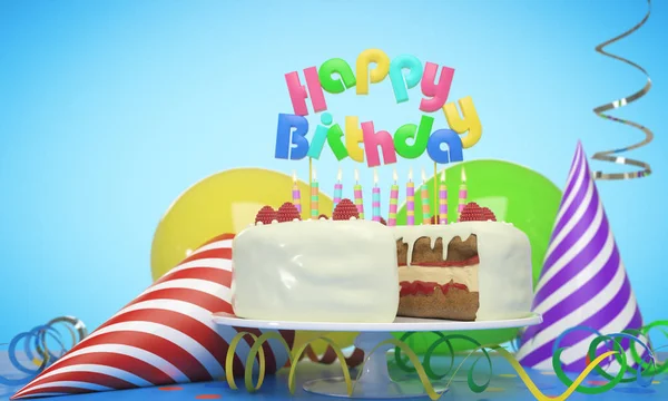 Lahodné narozeninový dort se svíčkami, klobouky a balónky na modrém pozadí. Koncept oslav. 3D vykreslování — Stock fotografie